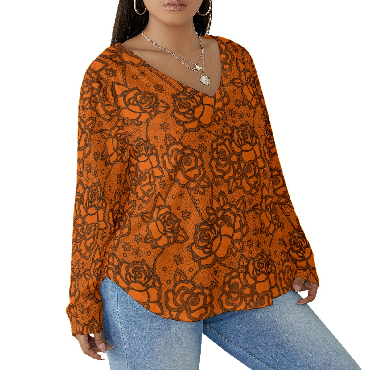 Women's Orange Lace Style Roses V-neck T-shirt With Curved Hem(Plus Size)