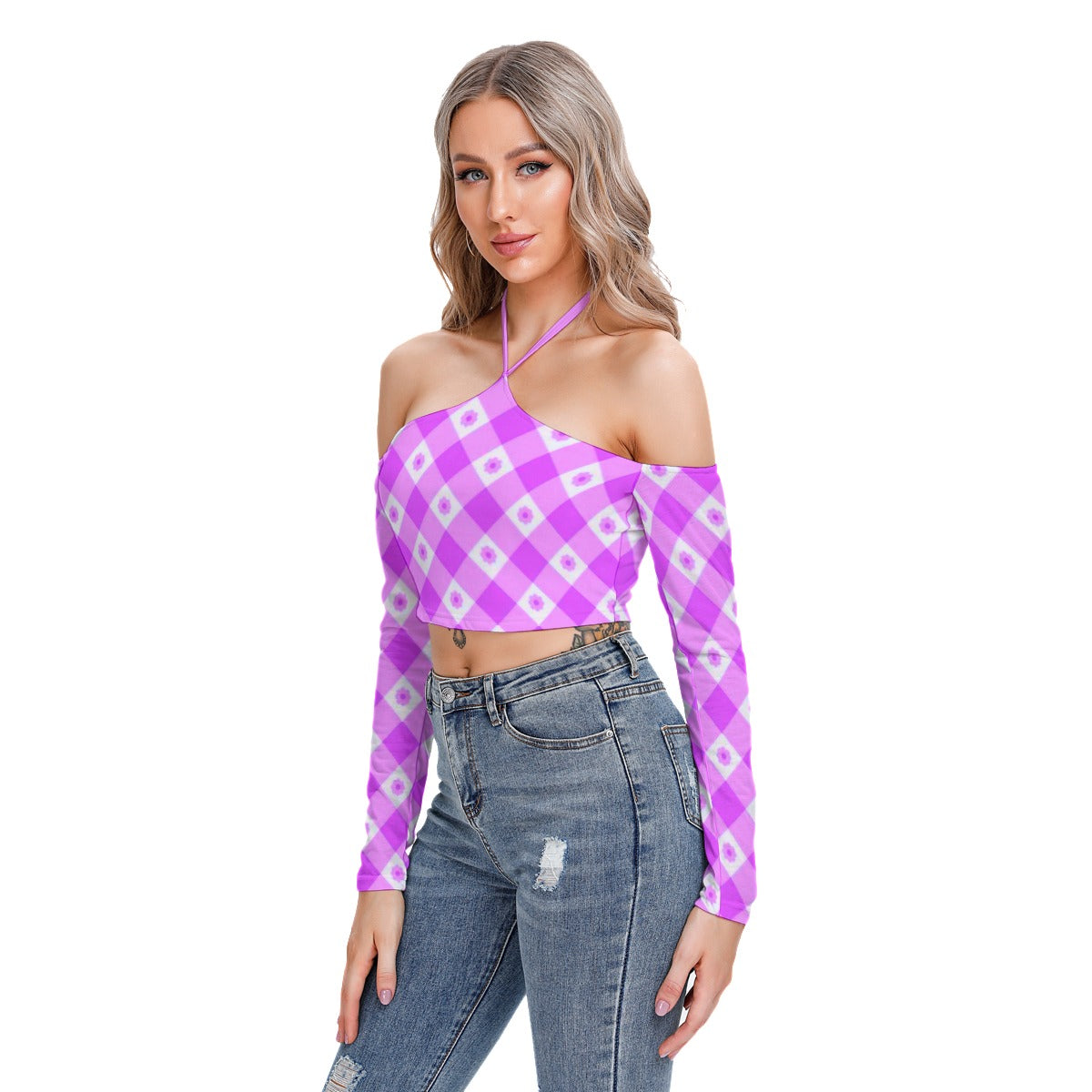 Purple With White Flowers Women's Plaid Halter Lace-up Top