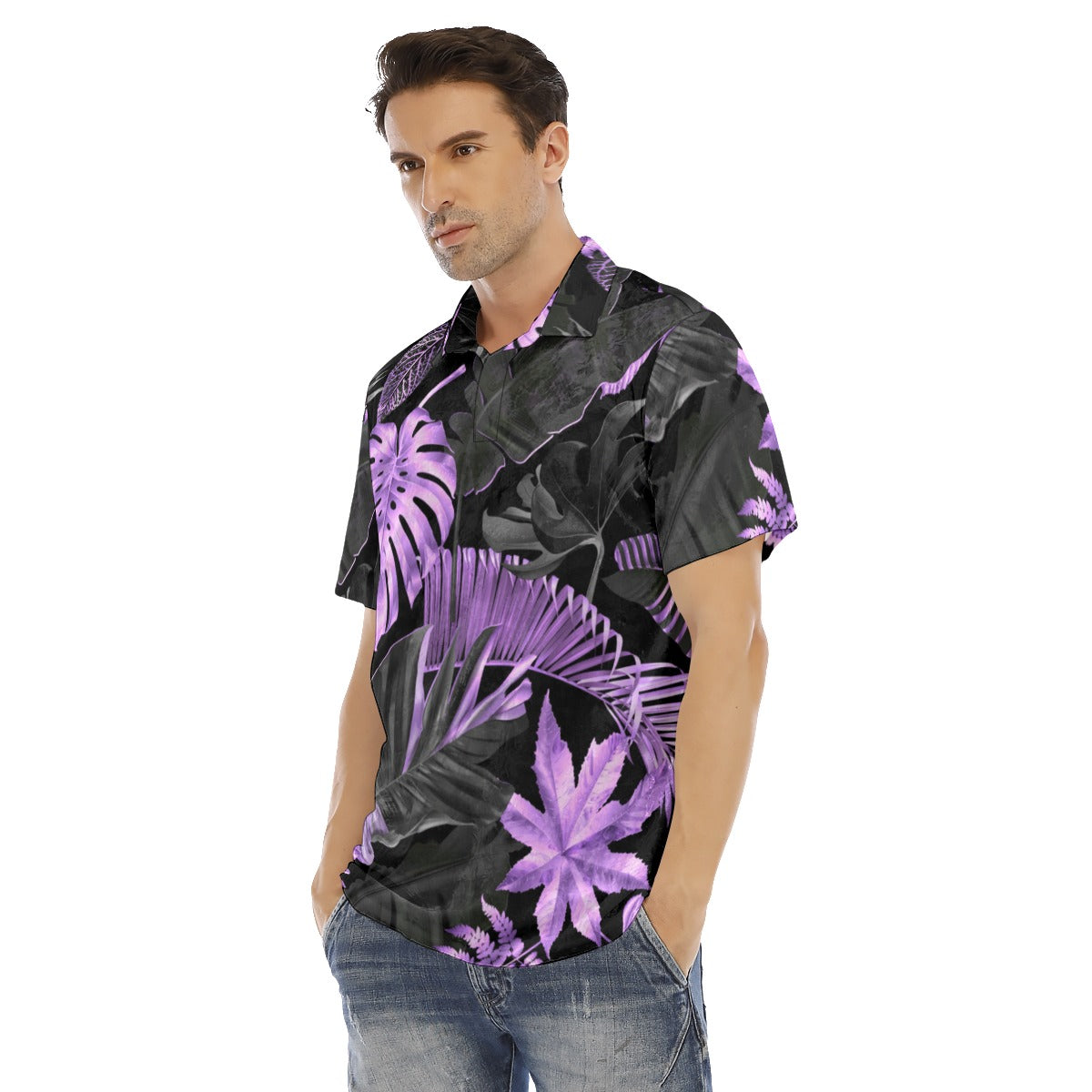 Purple & Black Tropical Leaves Men's Polo Shirt | Velvet