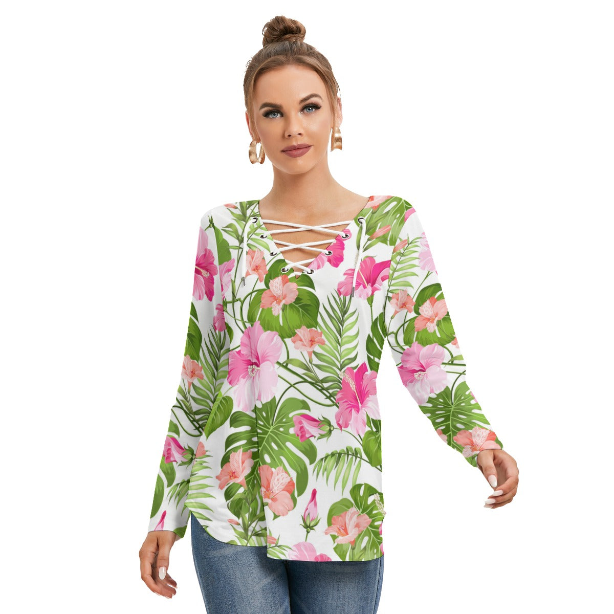 Tropical Flowers Women's Long Sleeve Neckline Tie Sweatshirt