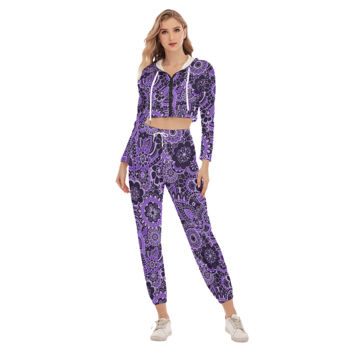 Cute Purple Flower Women's Crop Hoodie Sports Sets