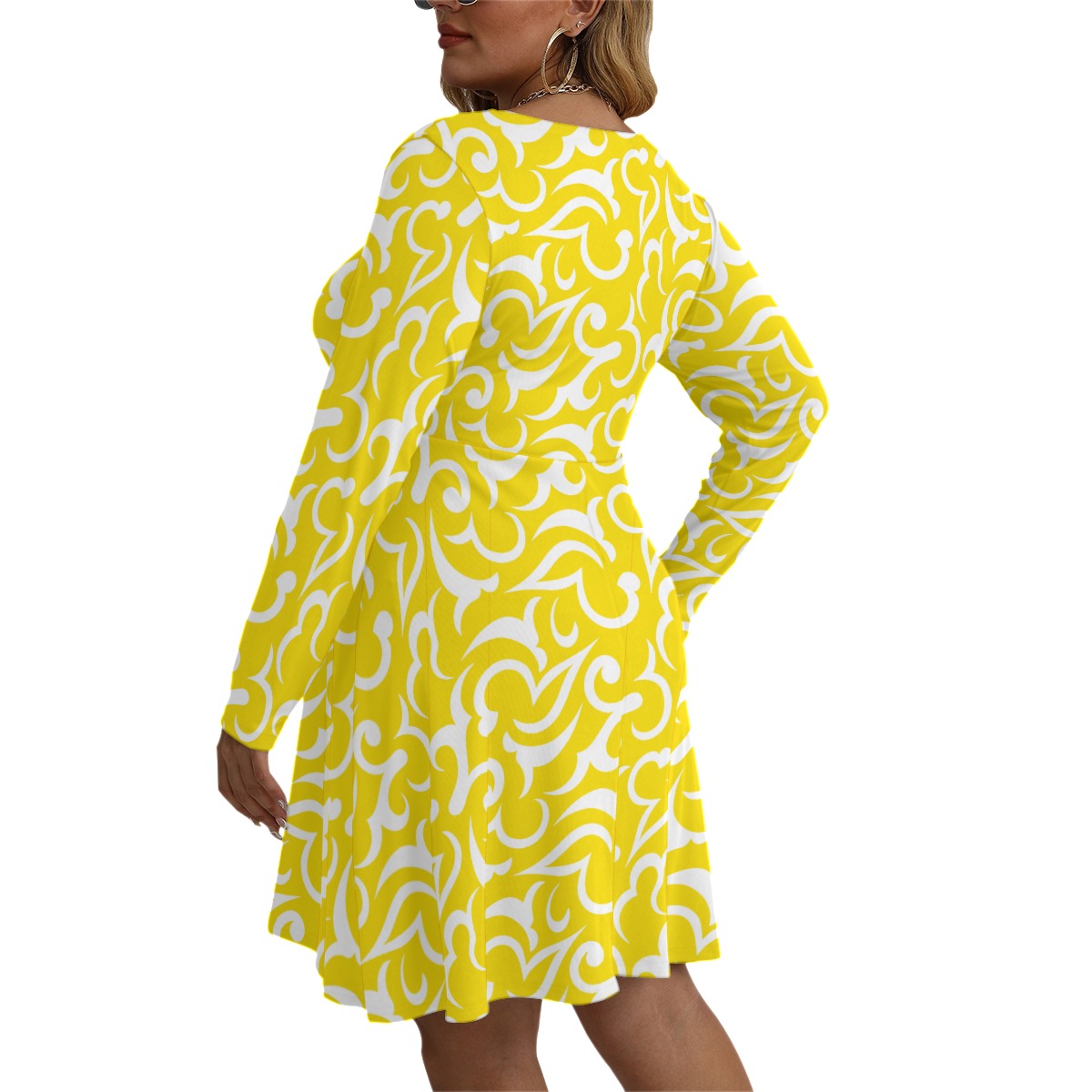 Royalty Made Yellow & White Women's V-neck Long Sleeve Dress (Plus Size)