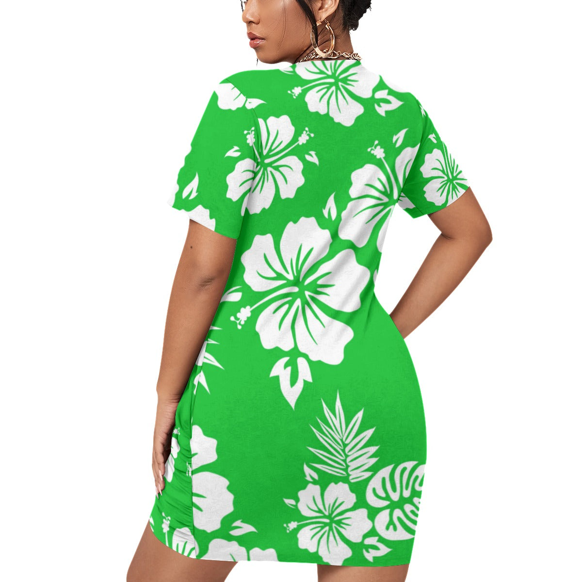 Green Aloha Women’s Stacked Hem Dress With Short Sleeve （Plus Size）