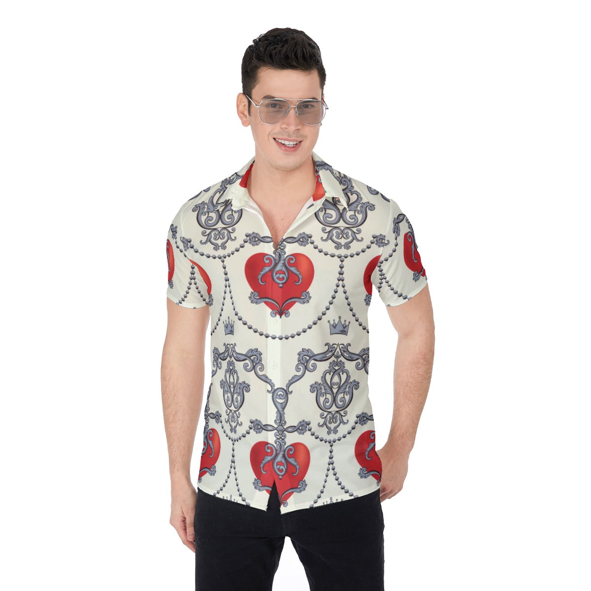 White & Silver Royal Hearts Men's Button Up