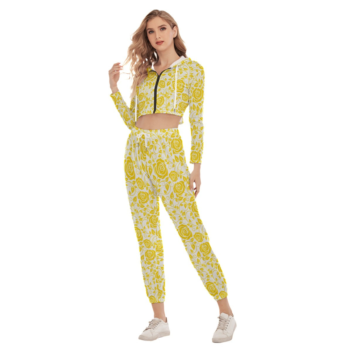 White & Yellow Roses Women's Crop Hoodie Sports Sets