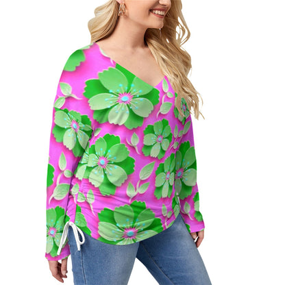 Pink With Green Cherry Blossoms Women’s V-neck T-shirt With Side Drawstring(Plus Size)