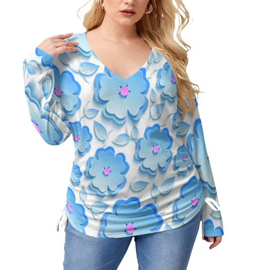 Blue Sakura Flowers & Leaves Women’s V-neck T-shirt With Side Drawstring(Plus Size)