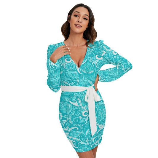 Cute Flower Teal & White Long Sleeve Dress With Waist Belt