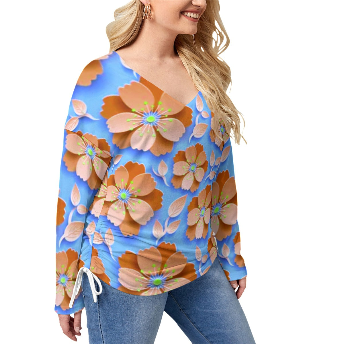 Blue With Orange Cherry Blossoms Women’s V-neck T-shirt With Side Drawstring(Plus Size)