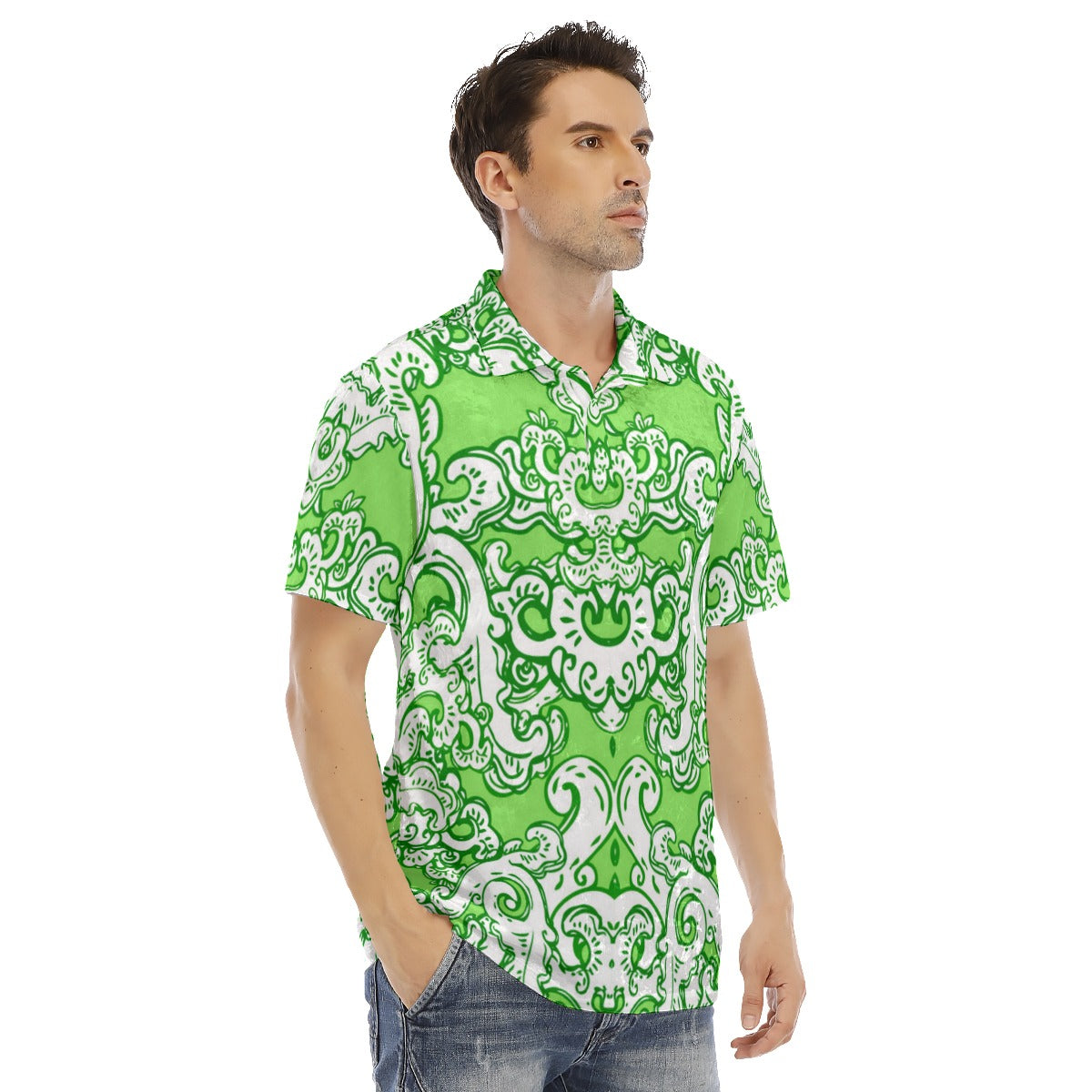 Green & White Baroque Pattern Men's Polo Shirt | Velvet