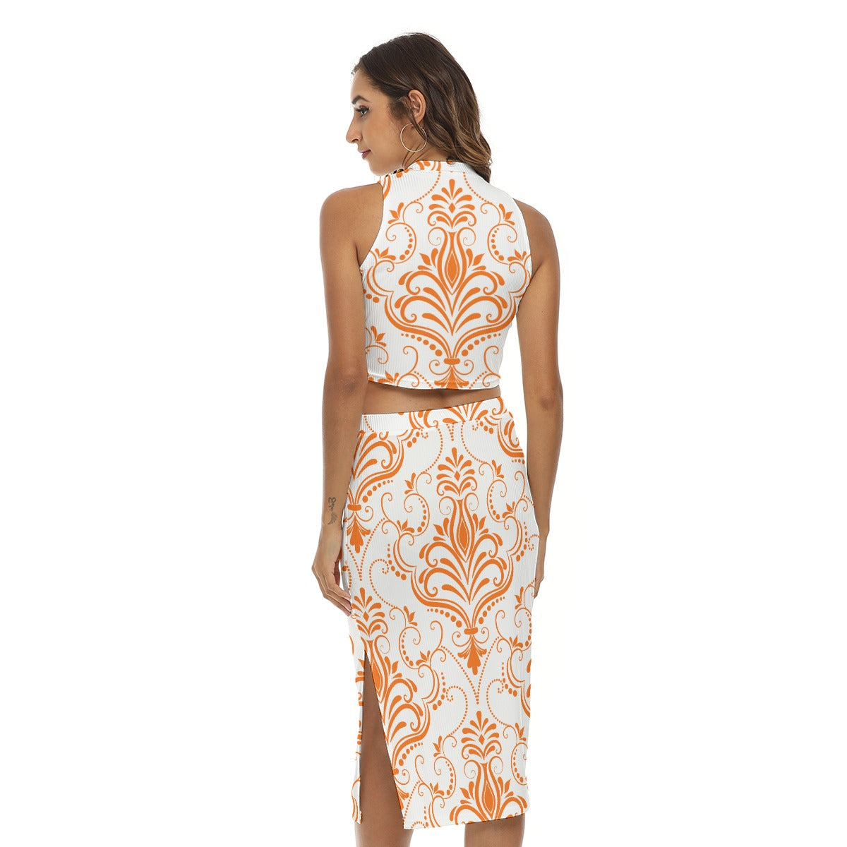 Orange With White Vintage Flowers Women's Tank Top & Split High Skirt Set