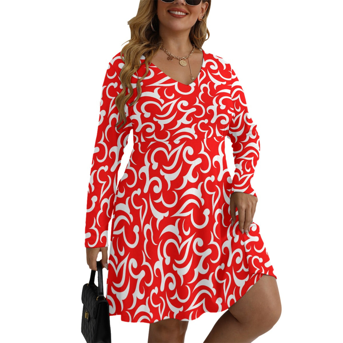 Royalty Made Red & White Women's V-neck Long Sleeve Dress (Plus Size)