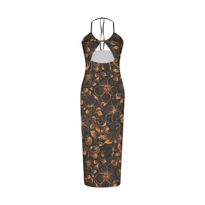 Orange With Black Tropical Flowers Women's Sexy Hollow Cami Dress