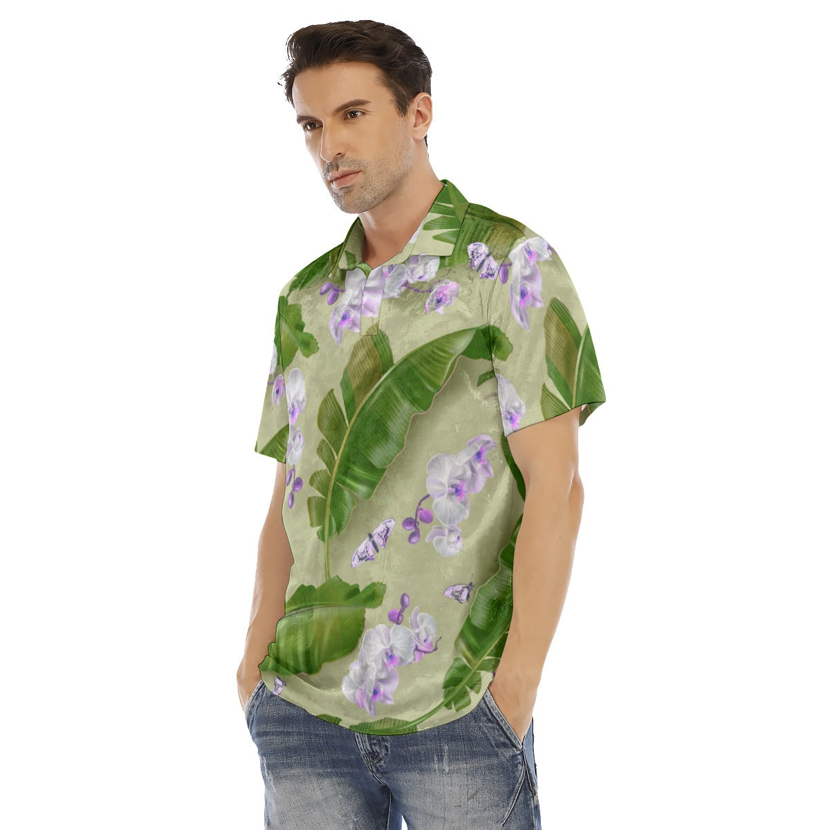 Banana Leaves & Orchids Men's Polo Shirt | Velvet