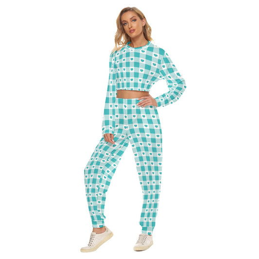 Heart Checkered Plaid Women's Crop Sweatshirt Suit