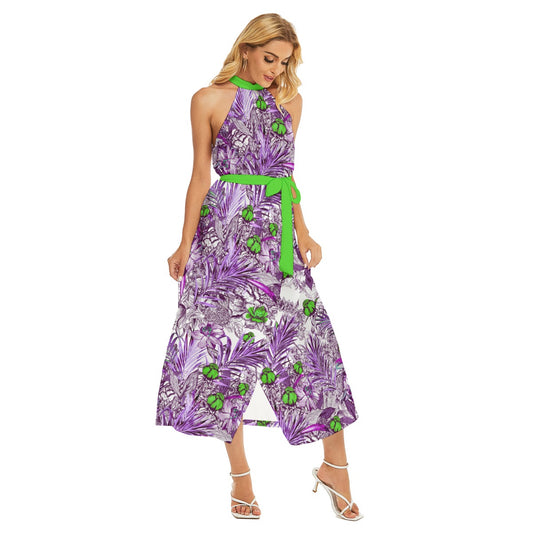 Elegant Peony Flowers Women's Wrap Hem Belted Halter Dress