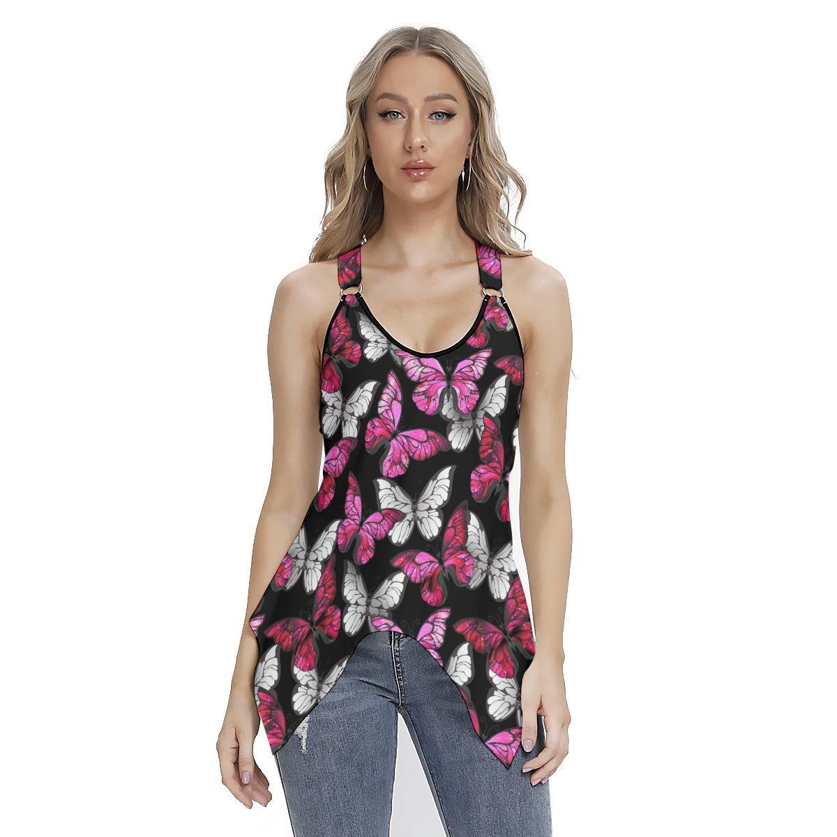 Pink With White Butterflies Women's Skinny Sport Tank Top