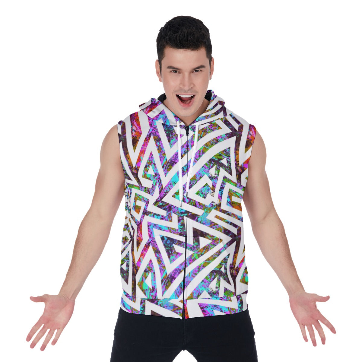 Grunge Graffiti Style Geometric Men's Zipper-Up Sleeveless Hoodie