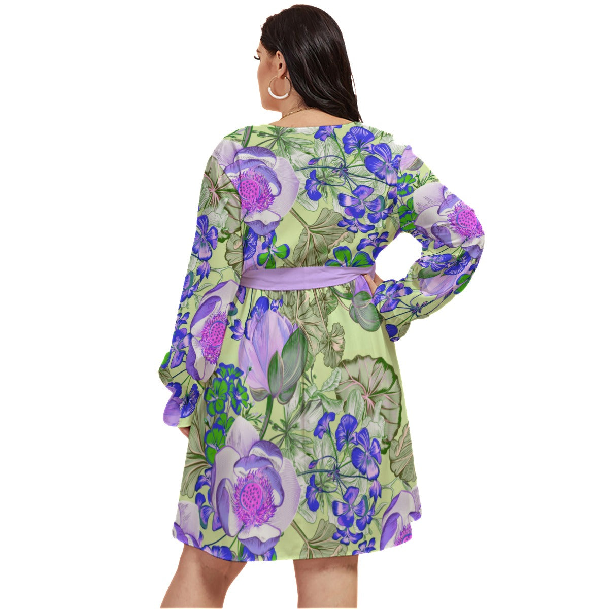 Beautiful Flowers Women's V-neck Dress With Waistband (Plus Size)