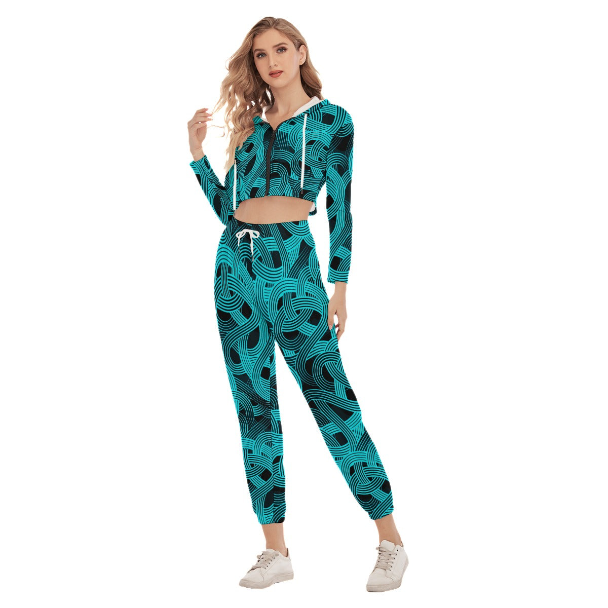 Trippy Teal & Black Noodles Women's Crop Hoodie Sports Sets