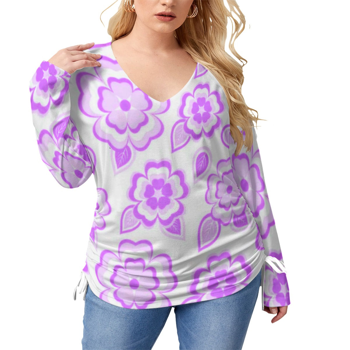 Light Purple Sakura Flowers & Leaves Women’s V-neck T-shirt With Side Drawstring(Plus Size)