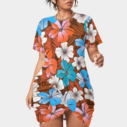 Women’s Tropical Summer Stacked Hem Dress With Short Sleeve（Plus Size)