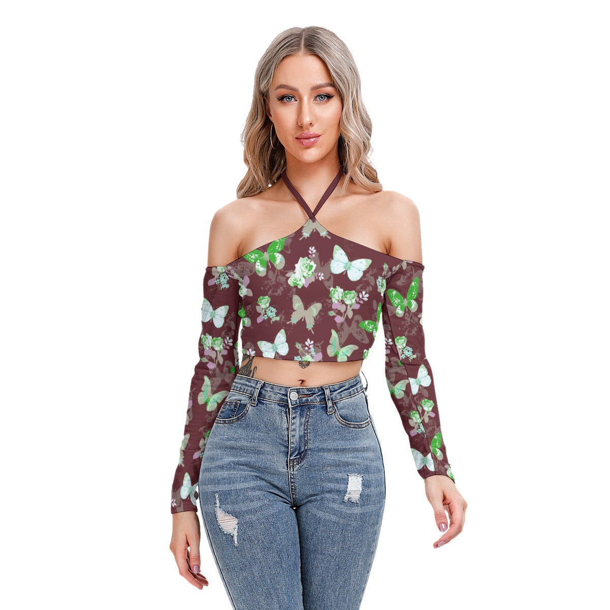 Green & Light Blue Butterflies Women's Halter Lace-up Top