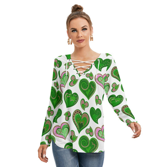 Colorful Doodle Hearts Women's Long Sleeve Neckline Tie Sweatshirt