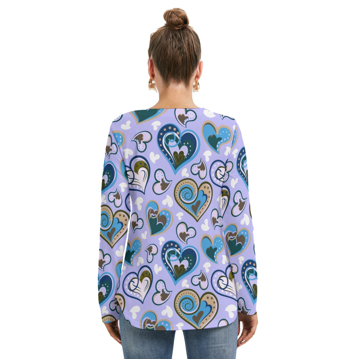 Colorful Doodle Hearts Women's Long Sleeve Neckline Tie Sweatshirt