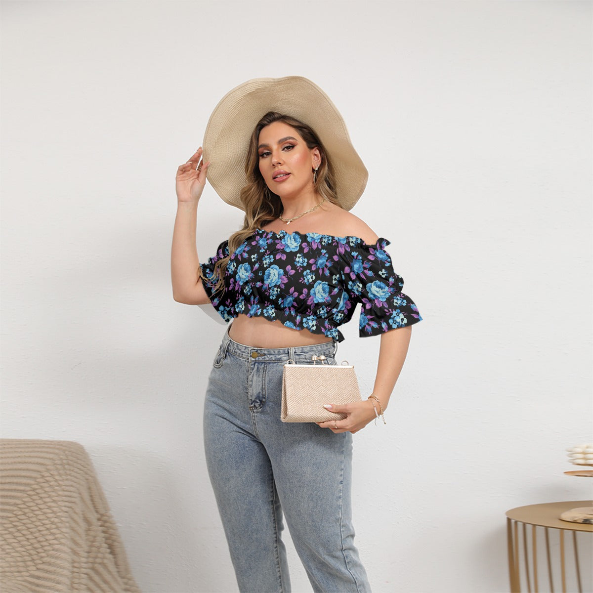 Blue Roses Women's Black Off-shoulder Cropped Top With Short Puff Sleeve