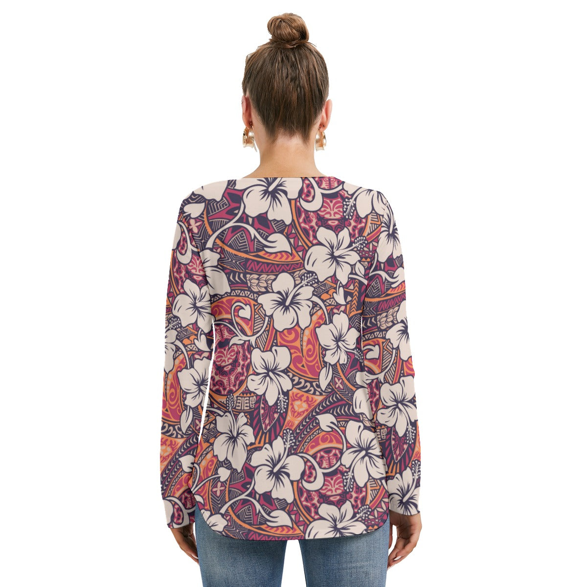 Tropical Hibiscus Flower With Tapa Tribal Designs Women's Long Sleeve Neckline Tie Sweatshirt