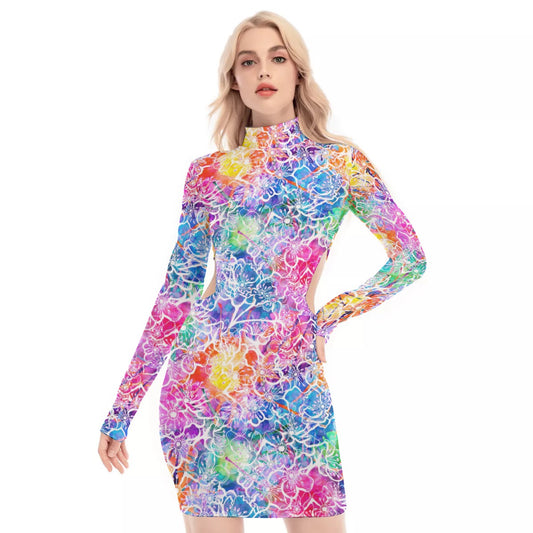 Colorful Flowers Waist Hollow Hip Dress