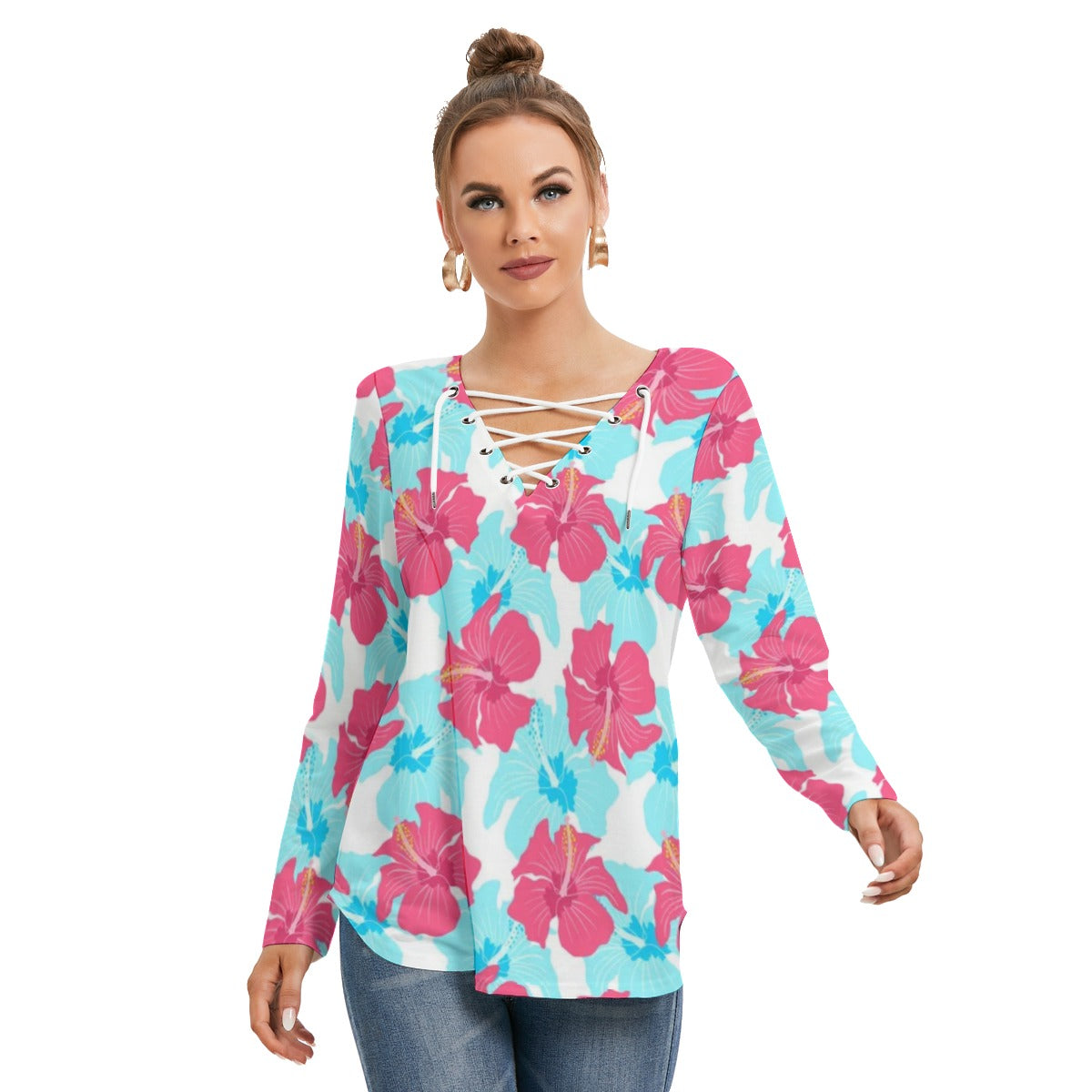 Tropical Flowers Women's Long Sleeve Neckline Tie Sweatshirt