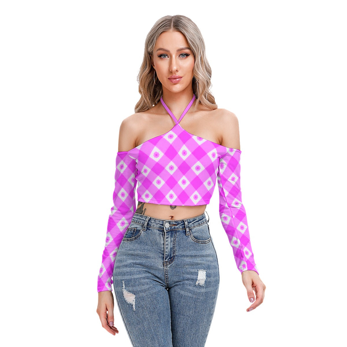 Pink With White Flowers Women's Plaid Halter Lace-up Top