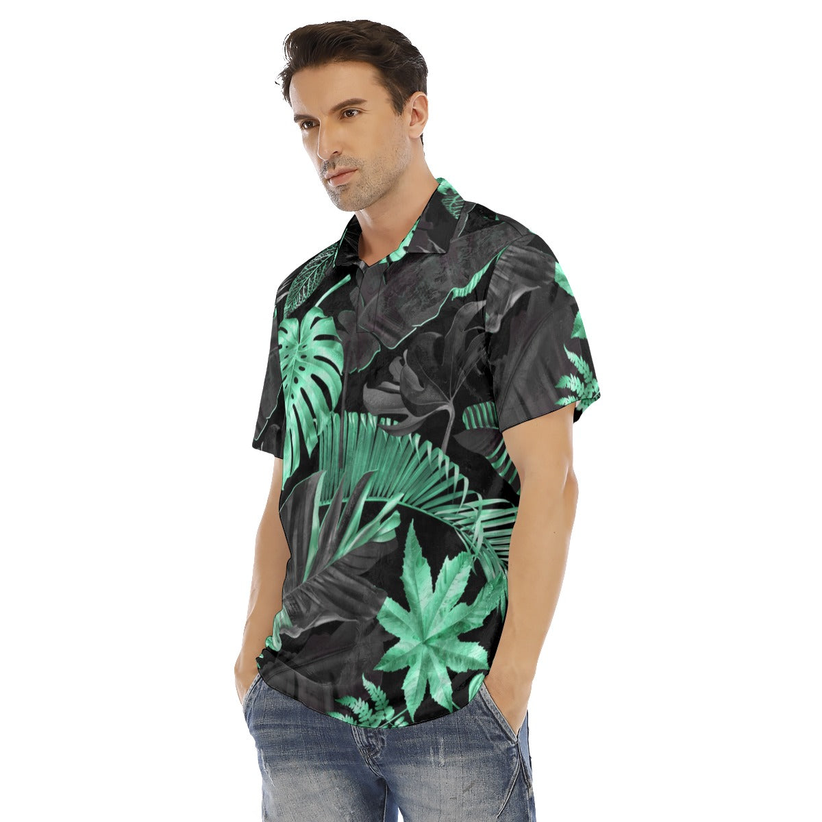 Green & Black Tropical Leaves Men's Polo Shirt | Velvet