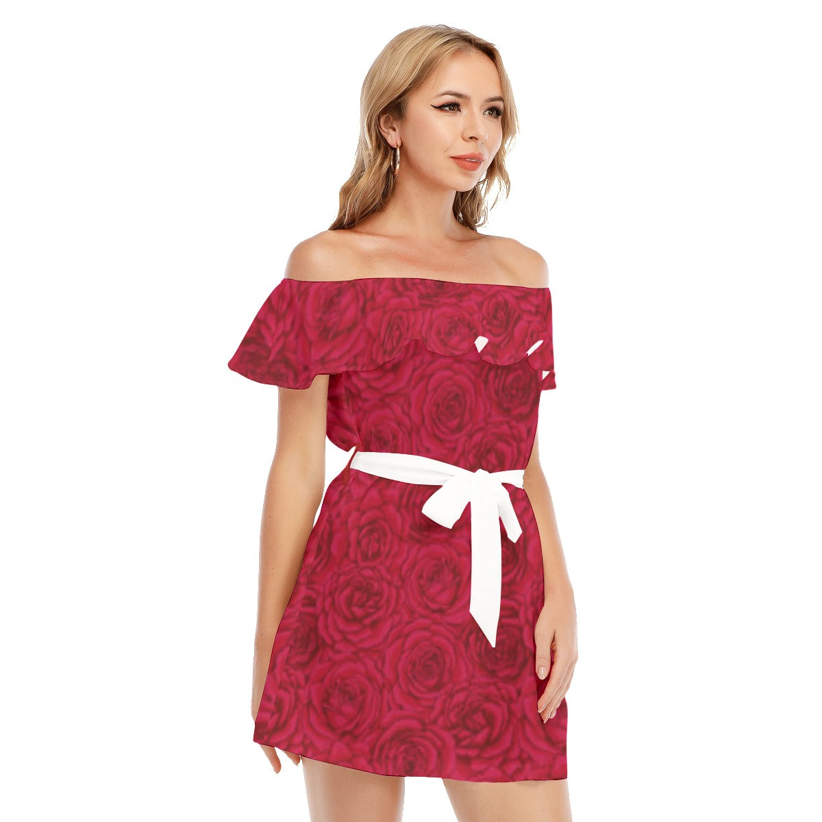 Red Roses Off-shoulder Dress With Ruffle