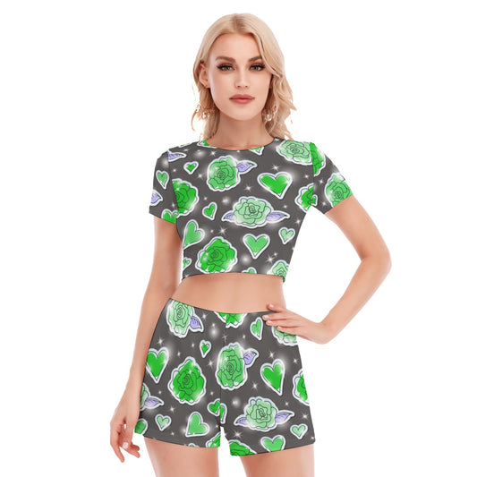 Green Hearts & Roses Women's Short Sleeve Cropped Top Shorts Suit