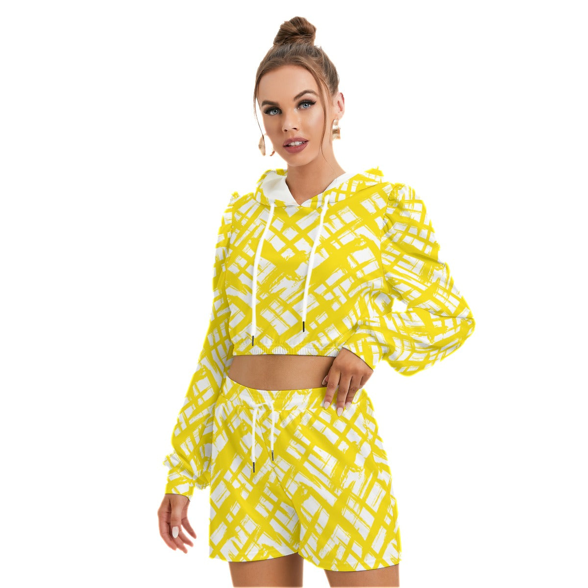 Yellow Stripes & Crosses Women's Mirco Fleece Hoodie And Shorts Set