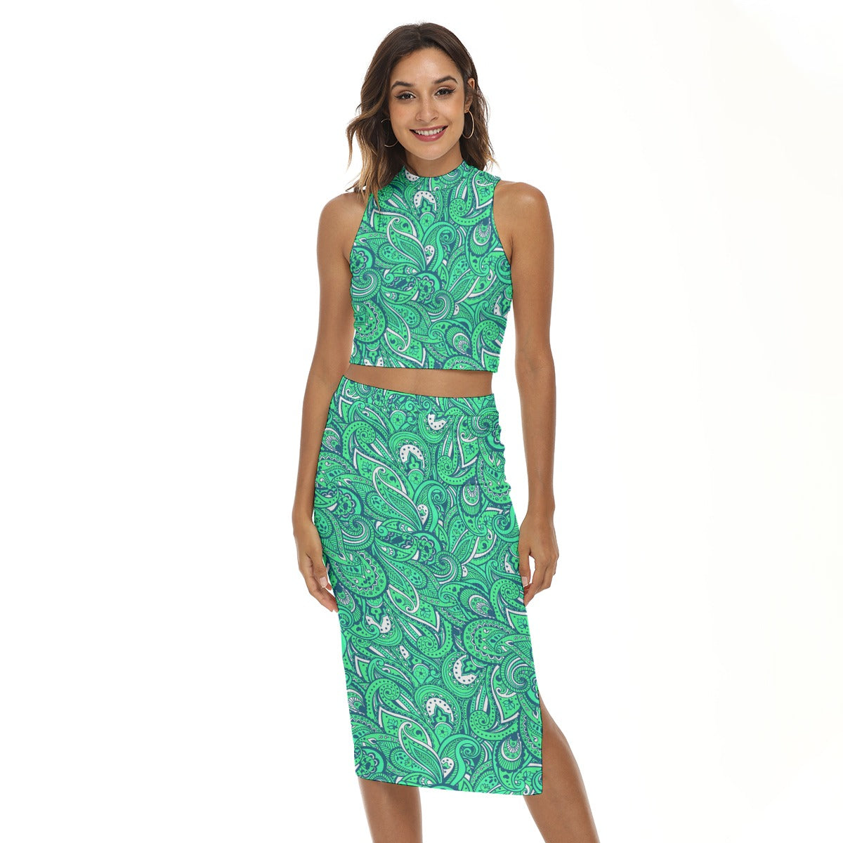 Teal Paisley Pattern Women's Tank Top & Split High Skirt Set