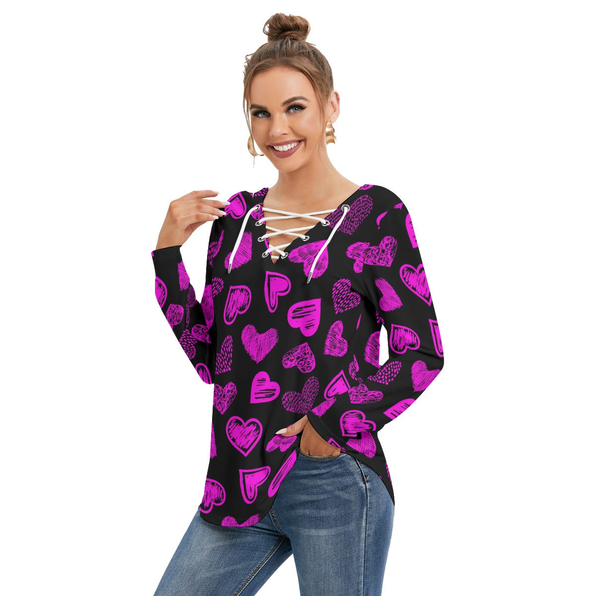 Black With Pink Doodle Hearts Women's Long Sleeve Neckline Tie Sweatshirt