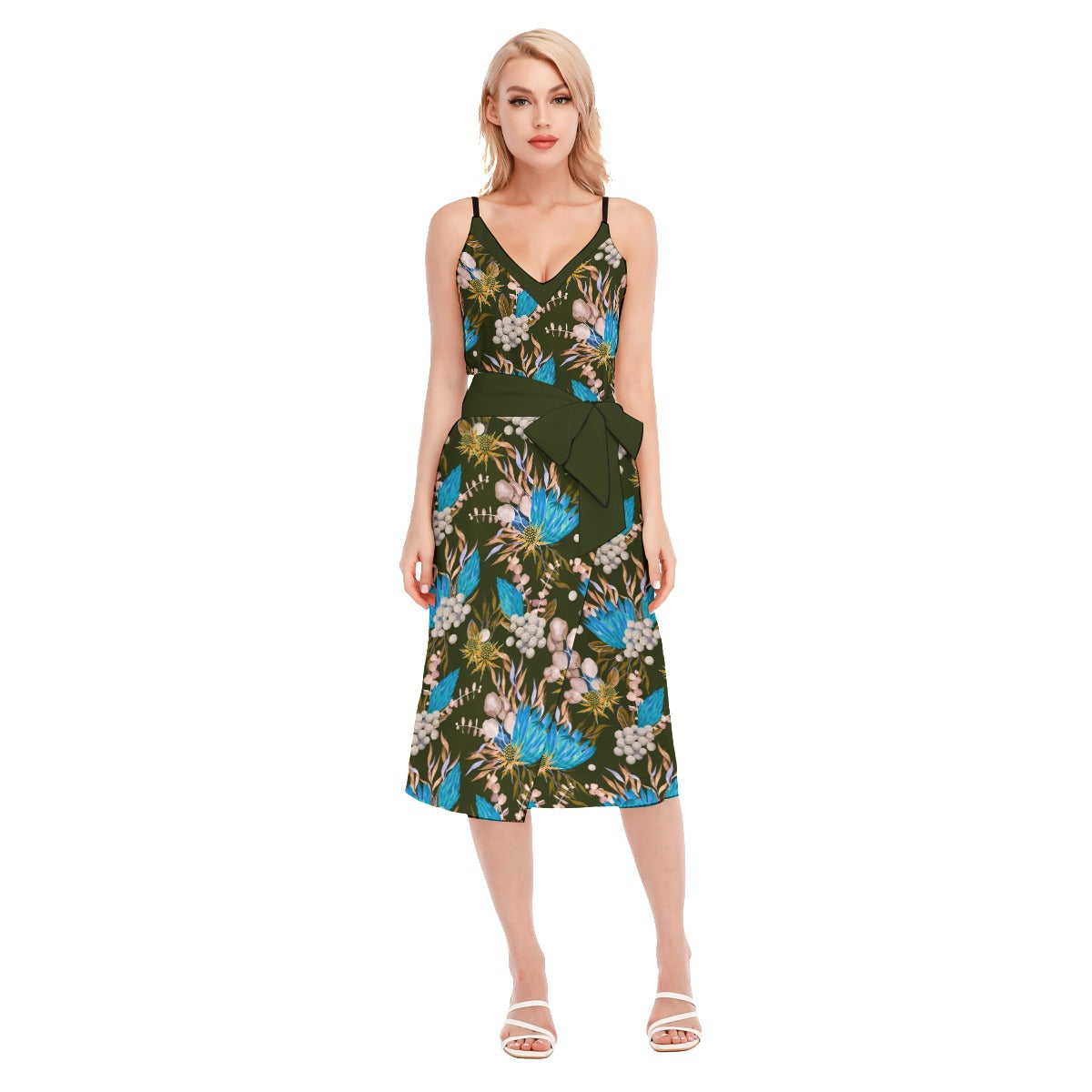 Tropic Summer Women's V-neck Cami Dress With Waist Band