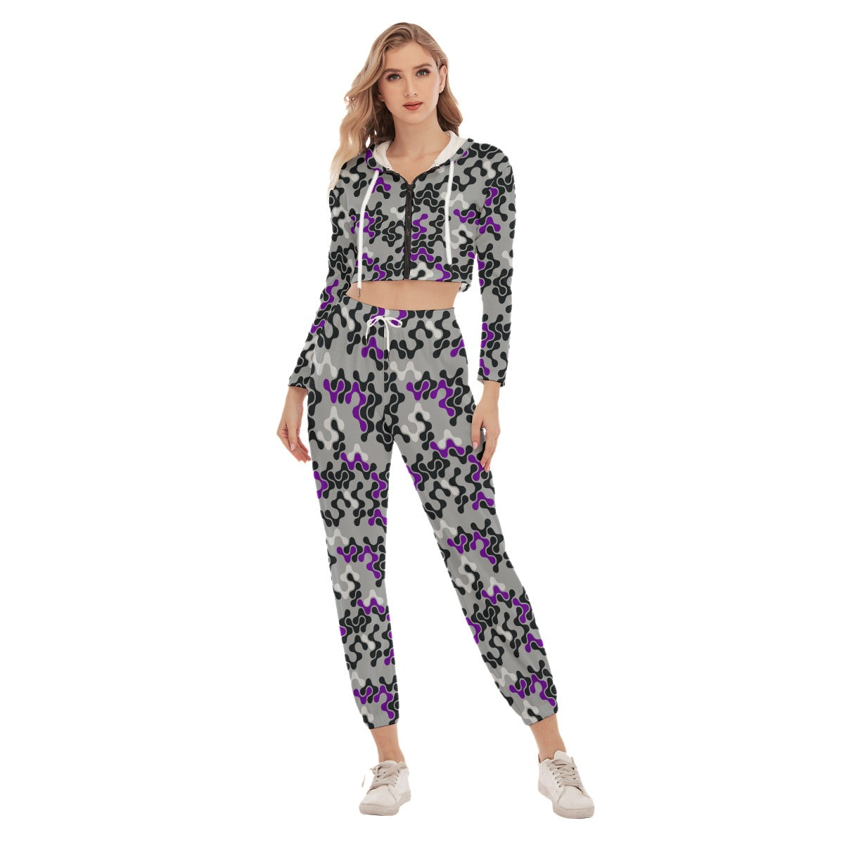 Purple, Black & White Abstract Women's Crop Hoodie Sports Sets