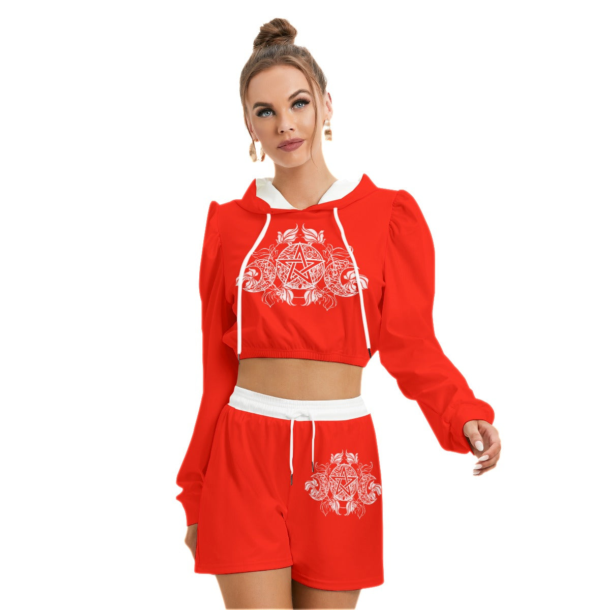 Red & White Pentagram With Leaves Women's Mirco Fleece Hoodie And Shorts Set