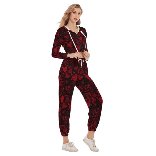 Black & Red Hearts Women's Crop Hoodie Sports Sets