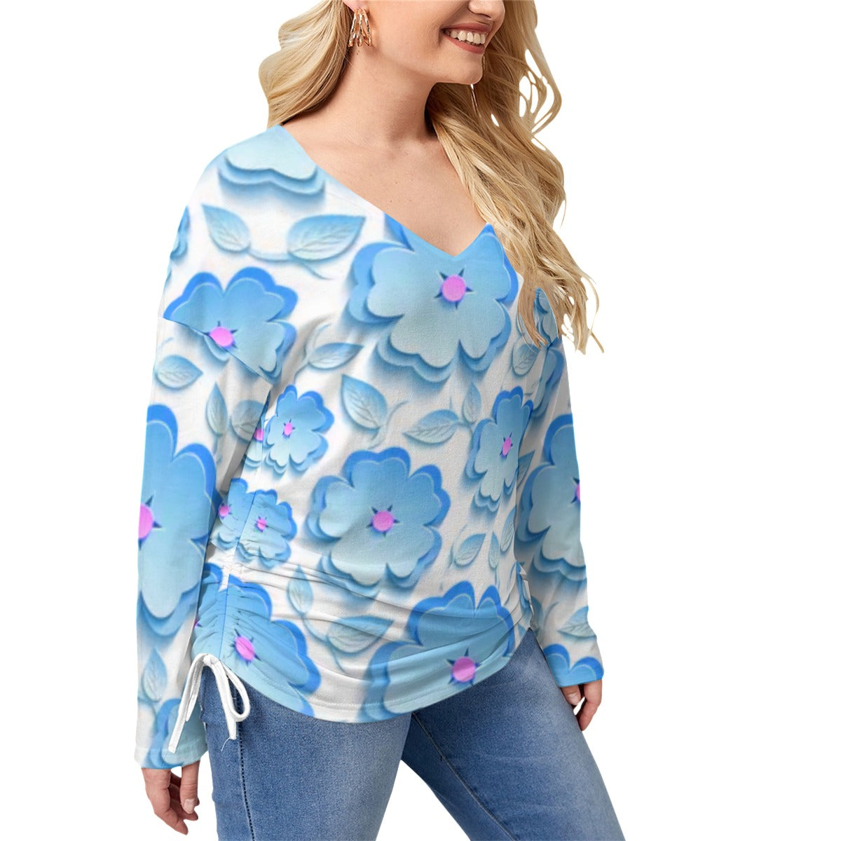 Blue Sakura Flowers & Leaves Women’s V-neck T-shirt With Side Drawstring(Plus Size)