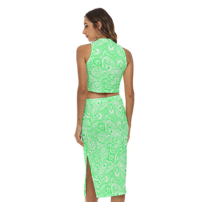 Lime Green Paisley Pattern Women's Tank Top & Split High Skirt Set