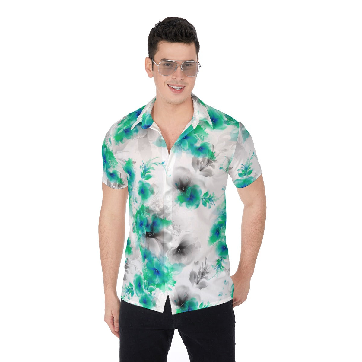 Teal Abstract Flowers Men's Button Up