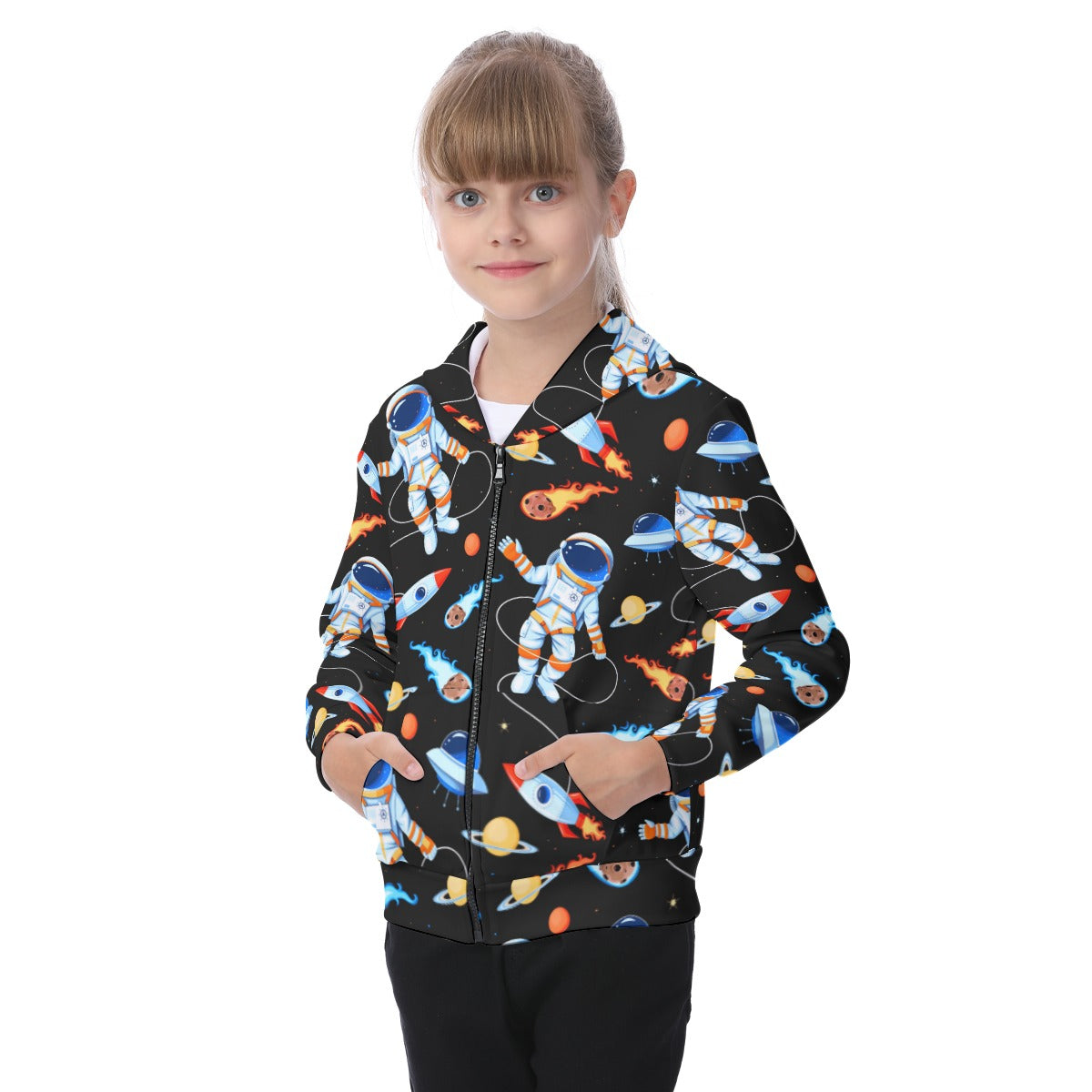 Kid's Astronauts & Rockets Zip-up Hoodie With Patch Pocket