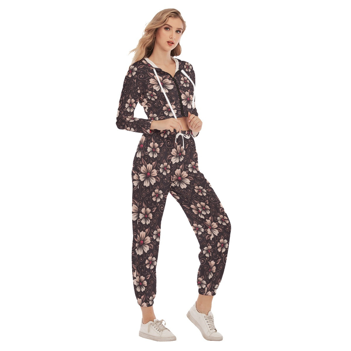 Vintage Flower Women's Crop Hoodie Sports Sets