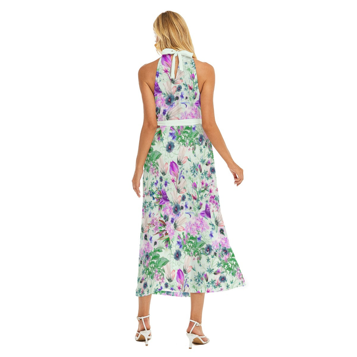 Beautiful Flowers Women's Wrap Hem Belted Halter Dress